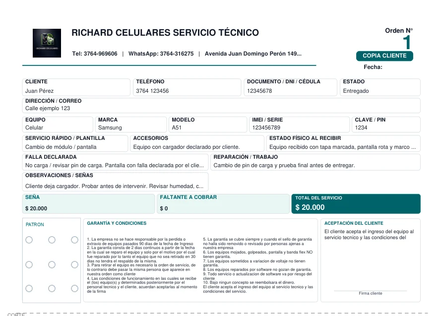 Media hoja superior de comprobante gratis para talleres