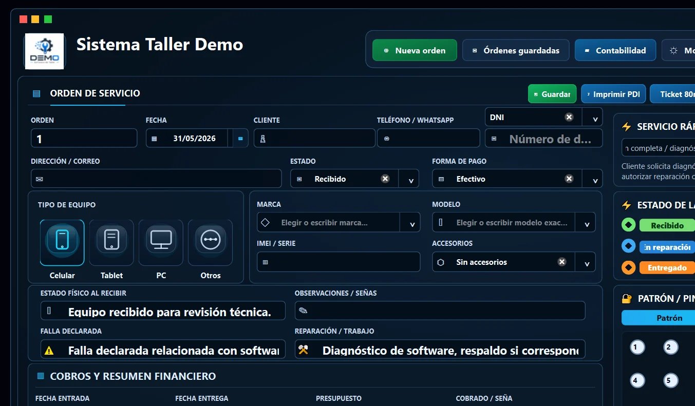 Pantalla de contabilidad y caja del taller