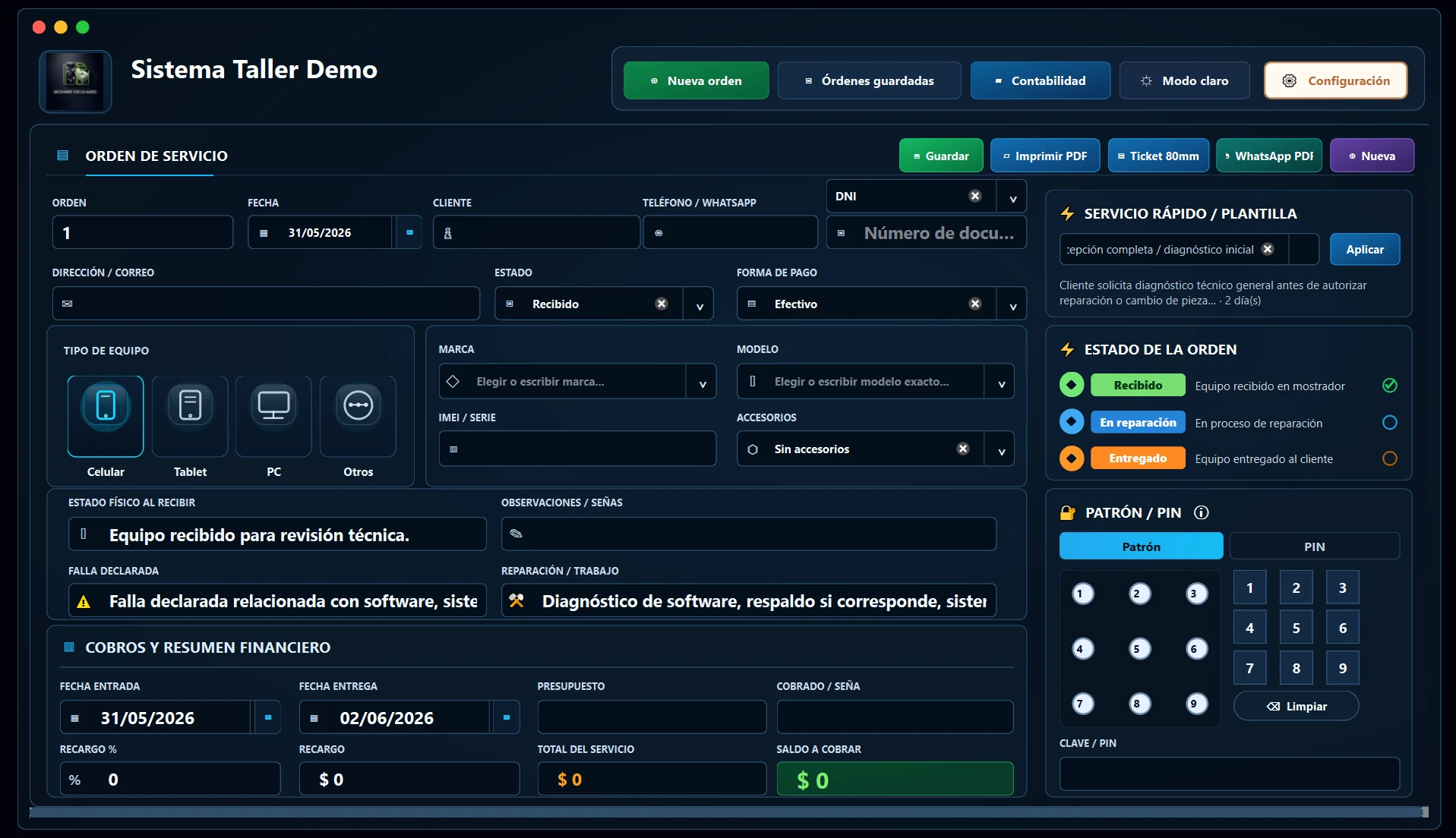 Pantalla de orden de servicio de Sistema Taller con el panel de estado y patrón/PIN a la derecha