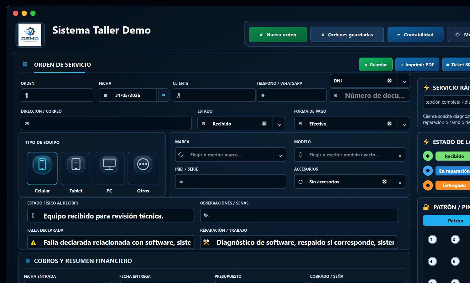 Orden de servicio en Sistema Taller