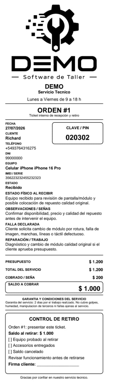 Ticket térmico de demostración generado por Sistema Taller con datos de la orden, importes, garantía y control de retiro.