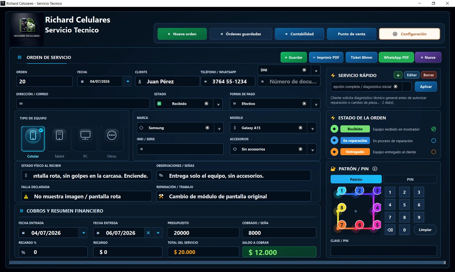 Sistema Taller: pantalla real de orden de servicio con cliente Juan Pérez, Samsung Galaxy A15, falla, patrón de desbloqueo dibujado y resumen financiero