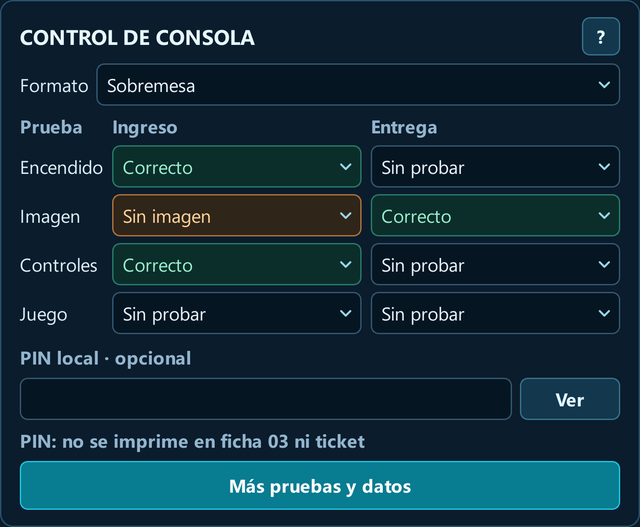 Control real de Consolas: pruebas de ingreso y entrega