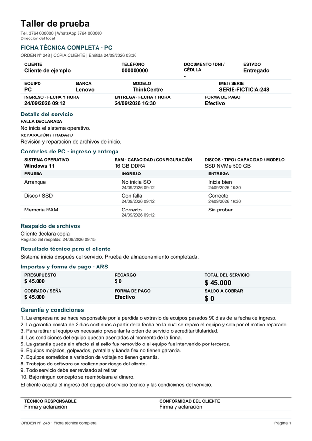 Ficha técnica completa real: orden de PC, pruebas, importes, garantía y firma