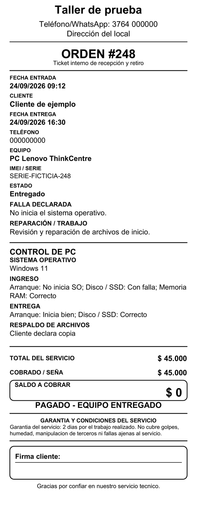 Ticket térmico real en blanco y negro para una orden de PC